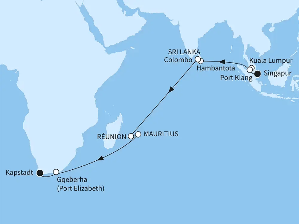 Mein Schiff 6 Angebot der Woche Indischer Ozean mit Mauritius - ab Singapur/bis Kapstadt - Routenbild
